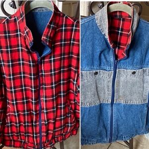 90s VINTAGE Reversible EUC Plaid & Blue Jean Zip Jacket & Pockets - Size Small
